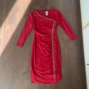 Cache Red Rhinestone Ruched Sheath Dress Long Sleeve V-Neck Cocktail Party